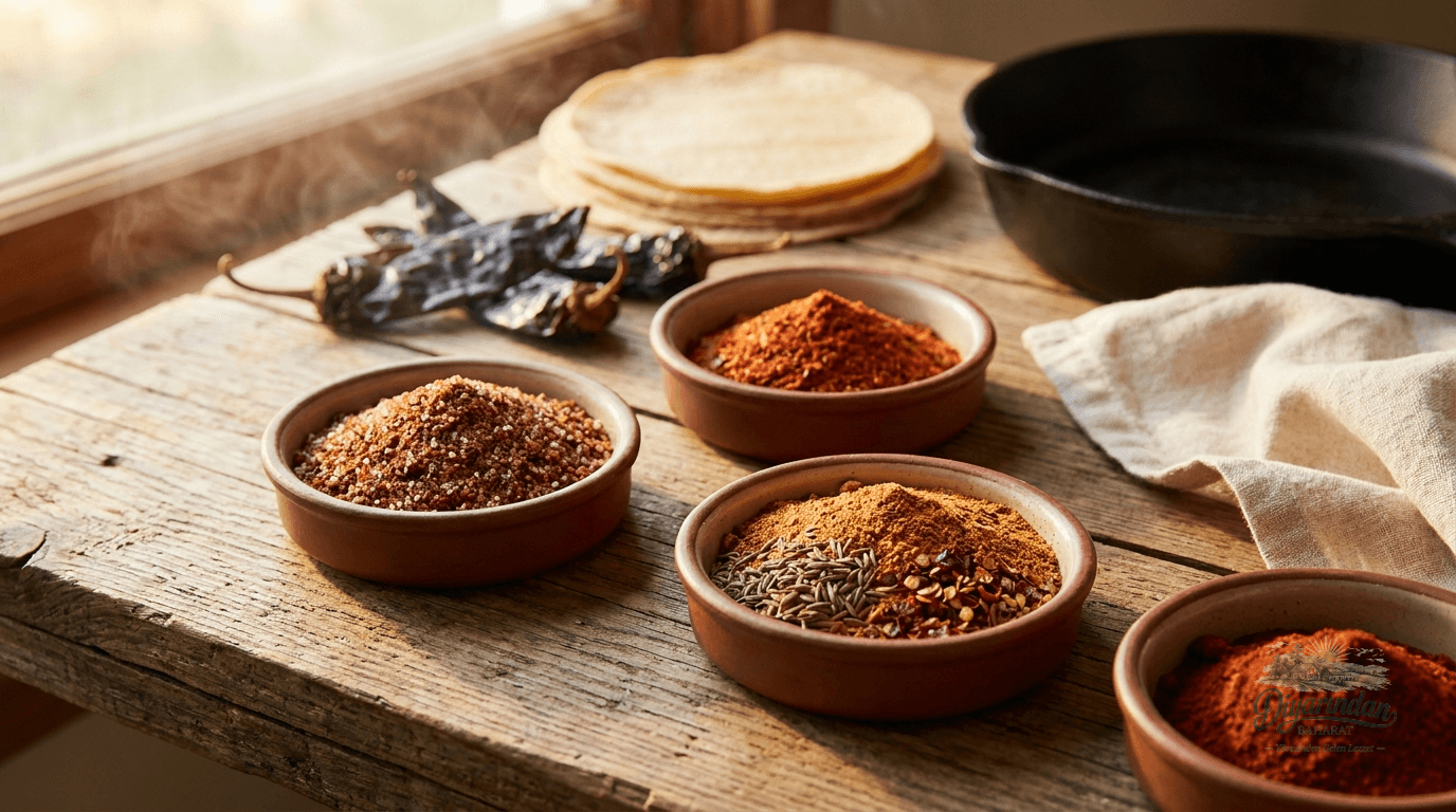 Ahşap masadaki renkli baharat kaseleri, pirinç havan ve taze humus tabağı - Diyarından Baharat