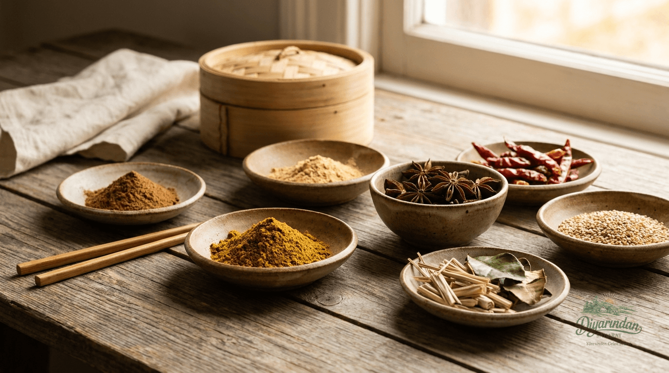 Seramik kasede parıldayan altın sarısı Tandoori Masala ve otantik sofranın detayları - Diyarından Baharat