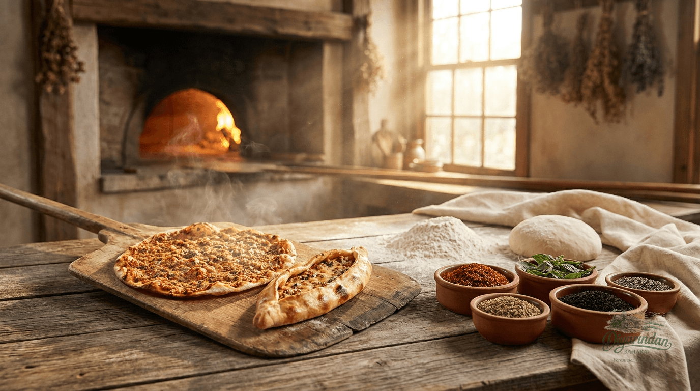 Fırın önünde taze lahmacun, un yığını ve toprak kaselerde renk renk baharatlar - Diyarından Baharat