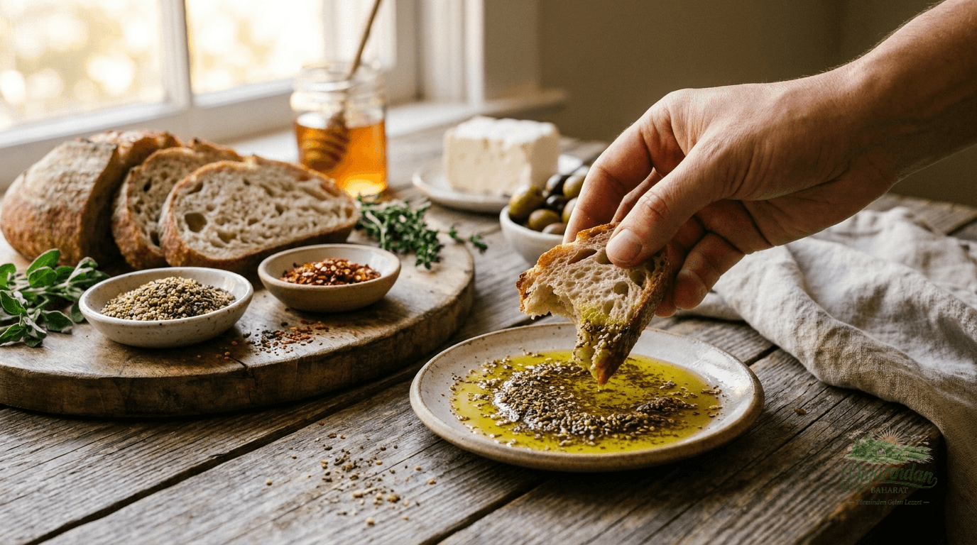 Zeytinyağlı baharat karışımına banılan çıtır ekmek diliminin yer aldığı kahvaltı sofrası - Diyarından Baharat