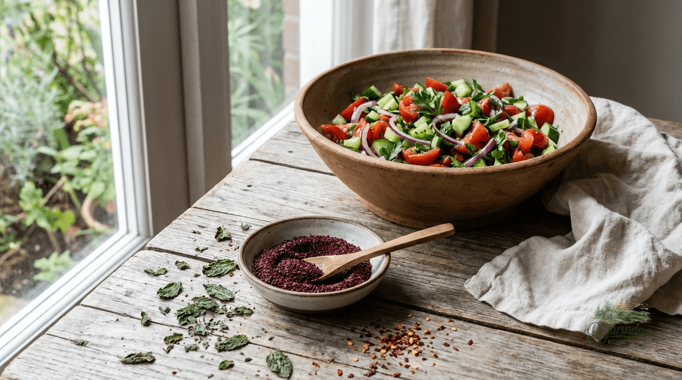 Seramik kâsedeki yeşil otsu maydanozlu naneli Diyarından Baharat Tabbouleh (Tabule) Baharatı ve ahşap kaşık.