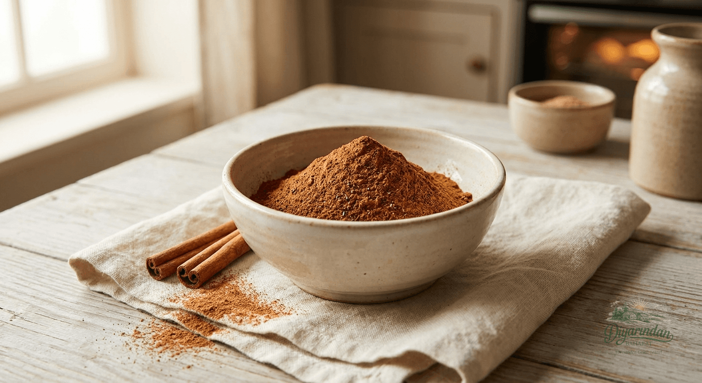 Diyarından Baharat markasının özenle hazırladığı Kek ve Pasta Baharatı ürününün şık sunum kâsesindeki görünümü.