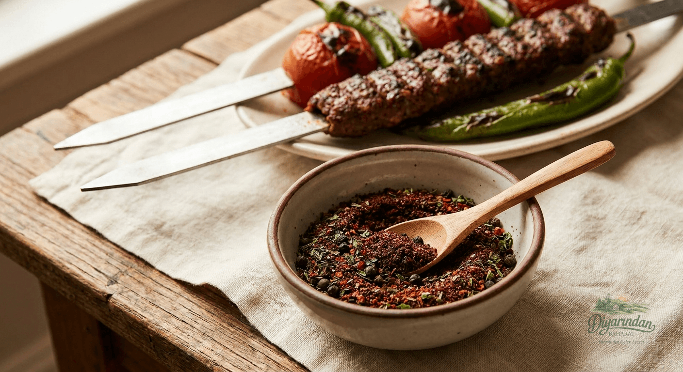 Seramik kasede baharatlar, ahşap kaşık ve arkada közlenmiş sebzeli Adana kebabı, Diyarından Baharat.