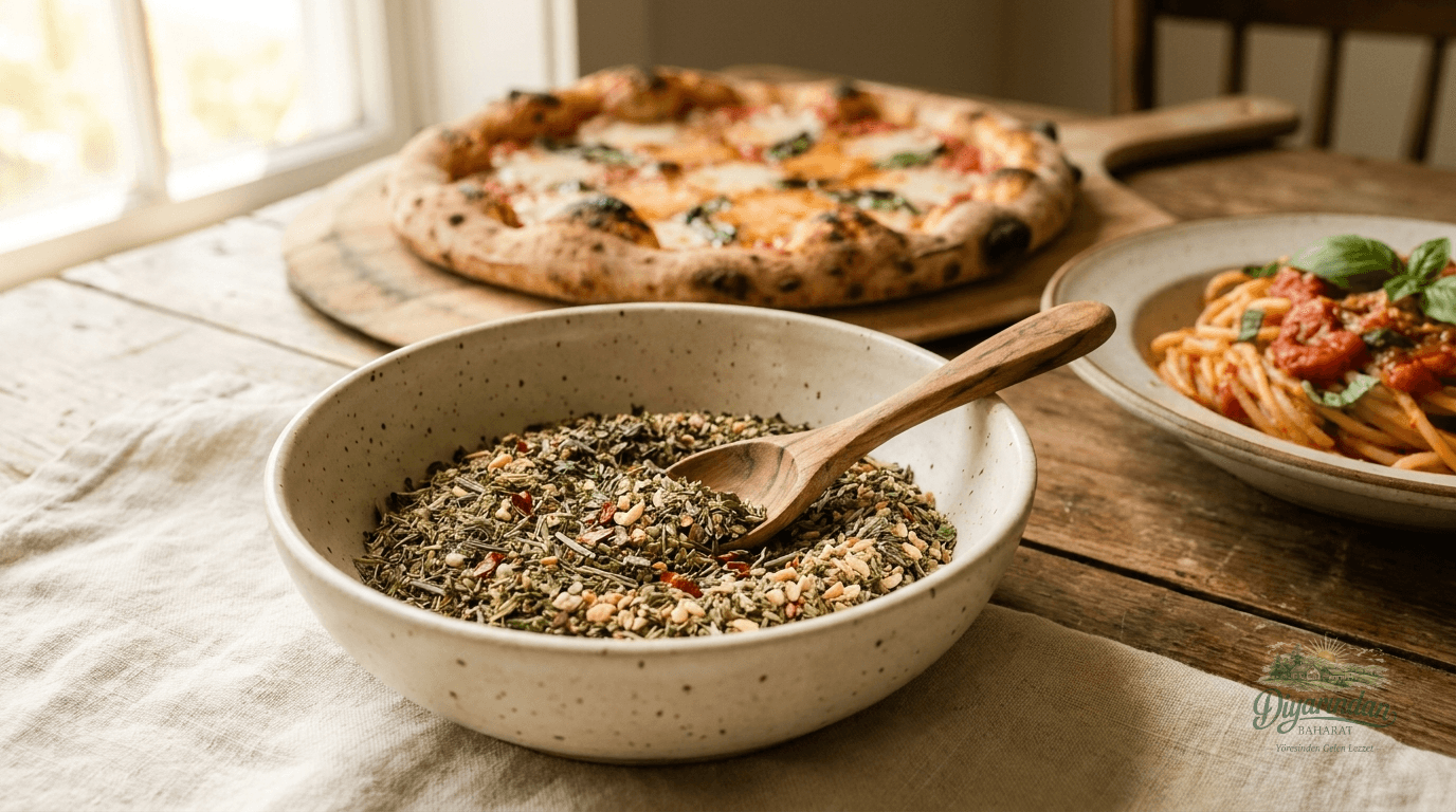 Seramik kasedeki otsu baharat karışımı ile hazırlanan pizza ve makarna sofrası, Diyarından Baharat.