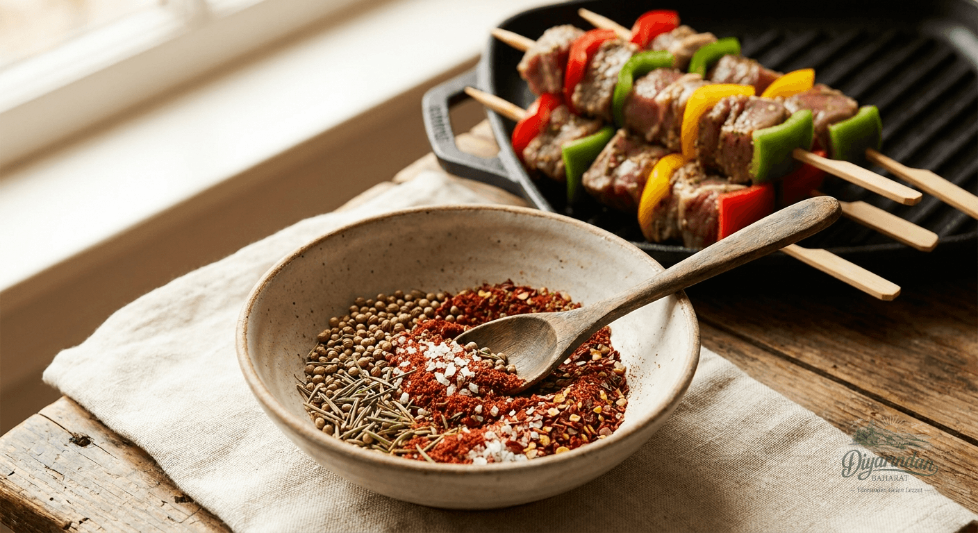 Diyarından Baharat markalı Şiş Kebap Baharatı karışımının şık sachet paketiyle birlikte yakından görünümü.
