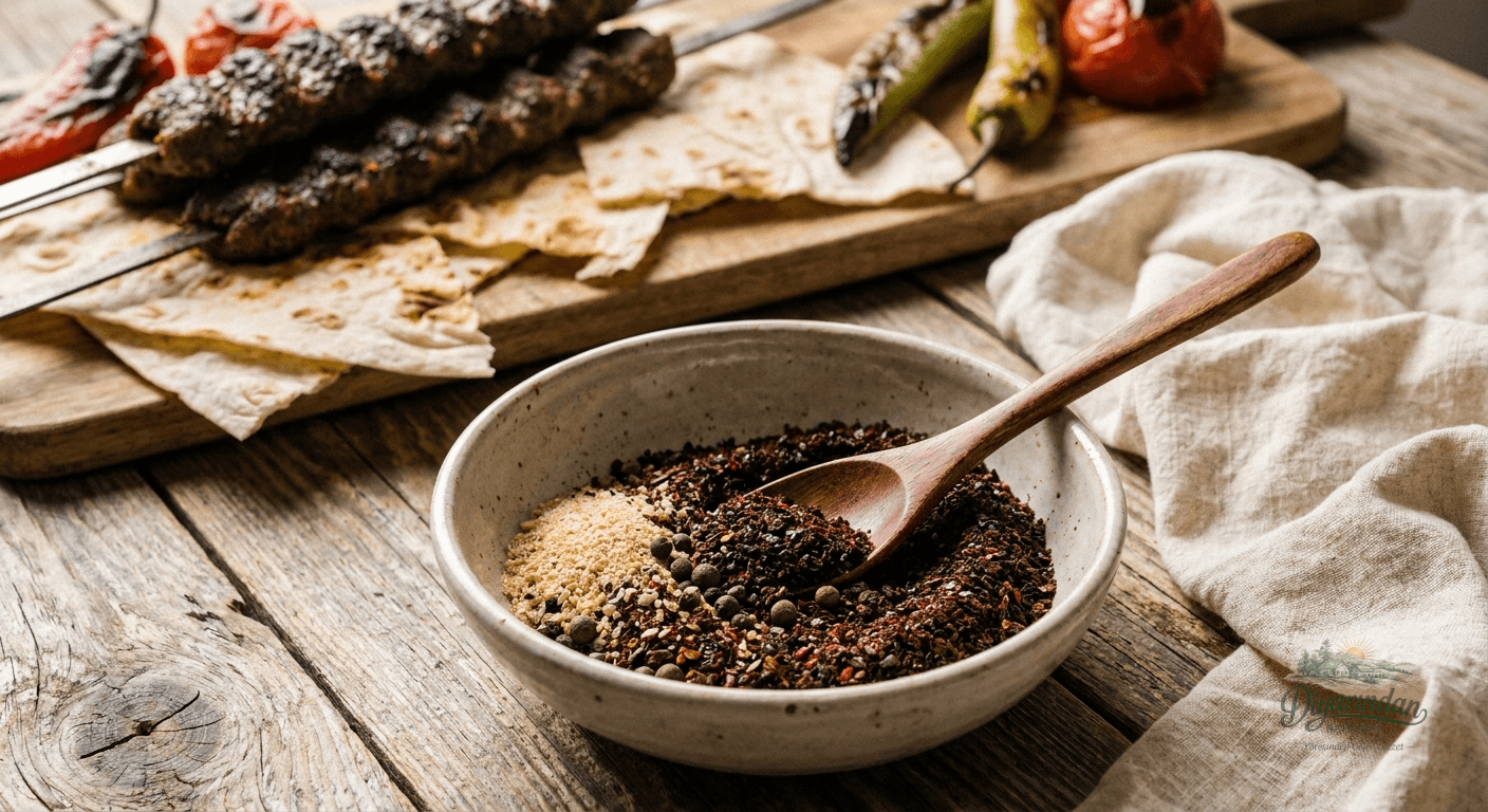 Krem kasede ahşap kaşıkla sunulan Urfa Kebap Baharatı arkasında lavaşlı kebaplar, Diyarından Baharat.